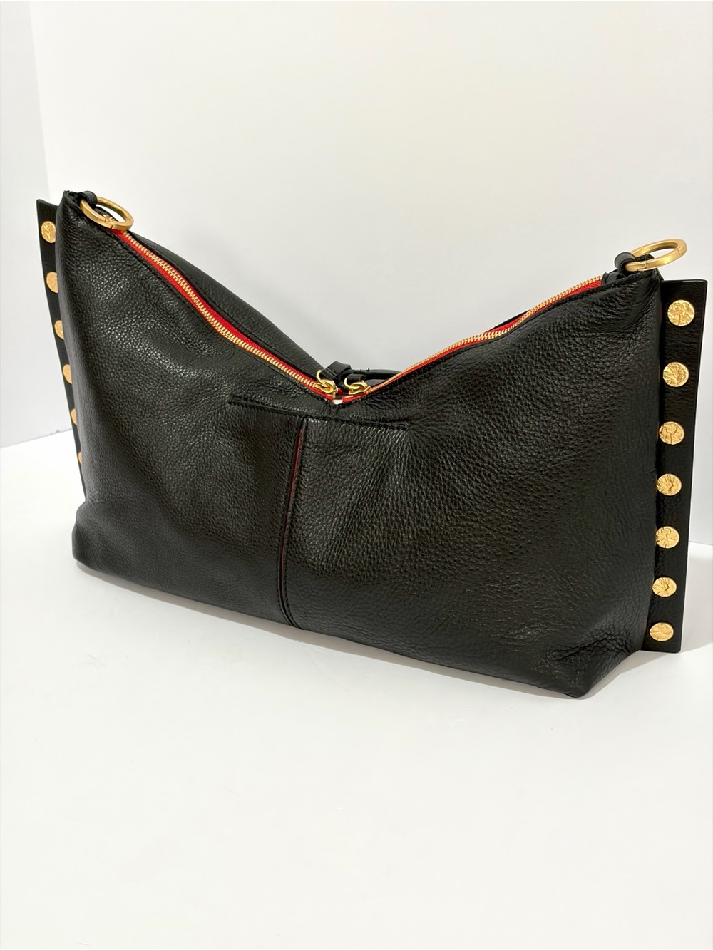 HAMMITT Mr G. Shoulder Bag In Black Leather/Brushed Gold Hammered Rivets/Red Zip - Picture 9 of 15